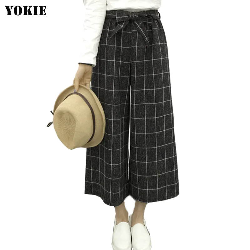 Летний стиль женские широкие брюки клетчатые льняные хлопковые высокая