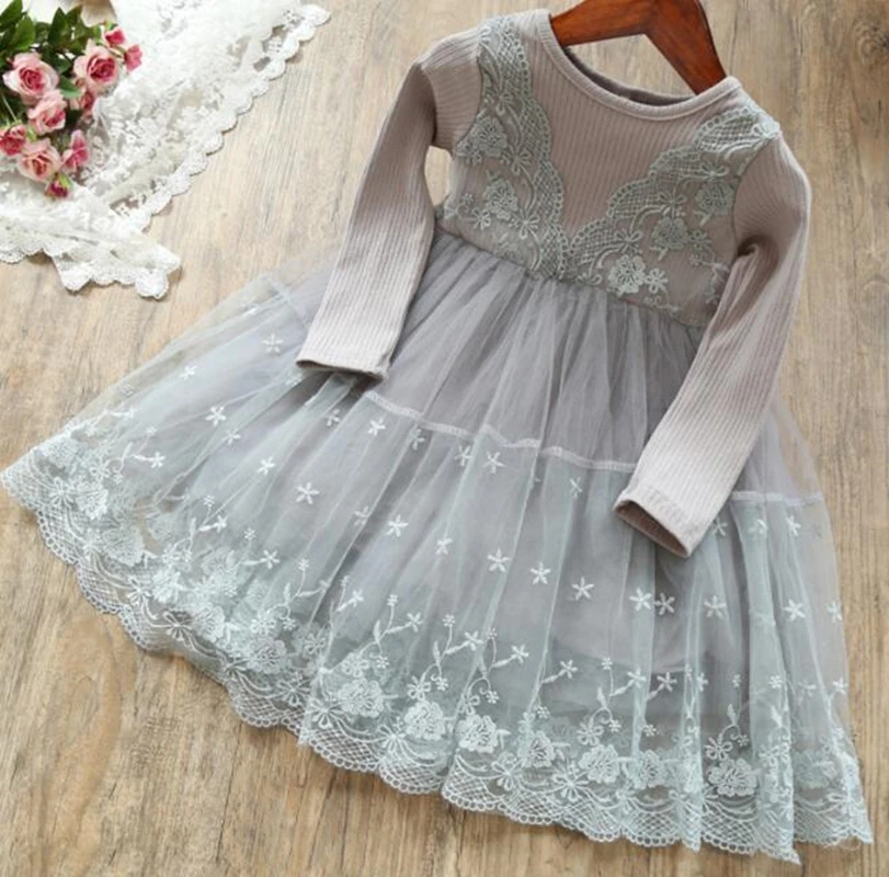Платье для девочек весна 2019 кружевное детское платье принцессы с длинным рукавом