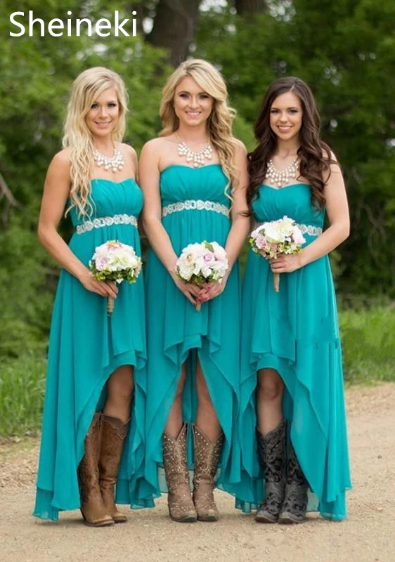 

Chiffon Sweetheart Country Bridesmaid Dresses Hunter Teal Turquoise High Low Beaded Belt Party Wedding Guest Dress Maid of Honor