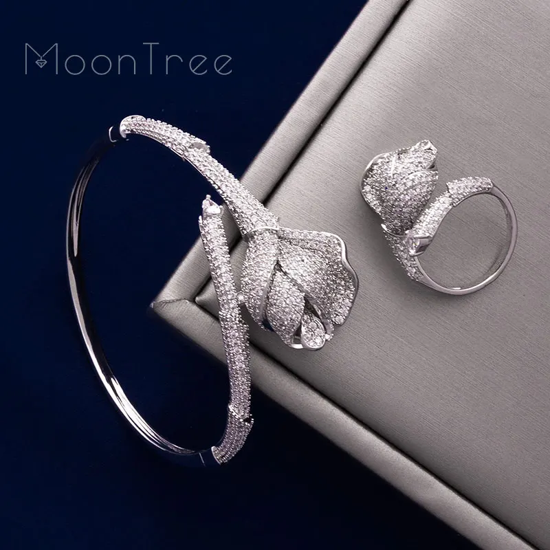 MoonTree Роскошный цветок роза полный Mirco выложенный микрол Цирконий медь женская