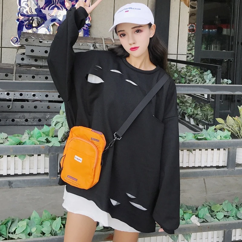 Harajuku Толстовка Женская Поддельные два Весна плюс жир XL отверстие хит цвет