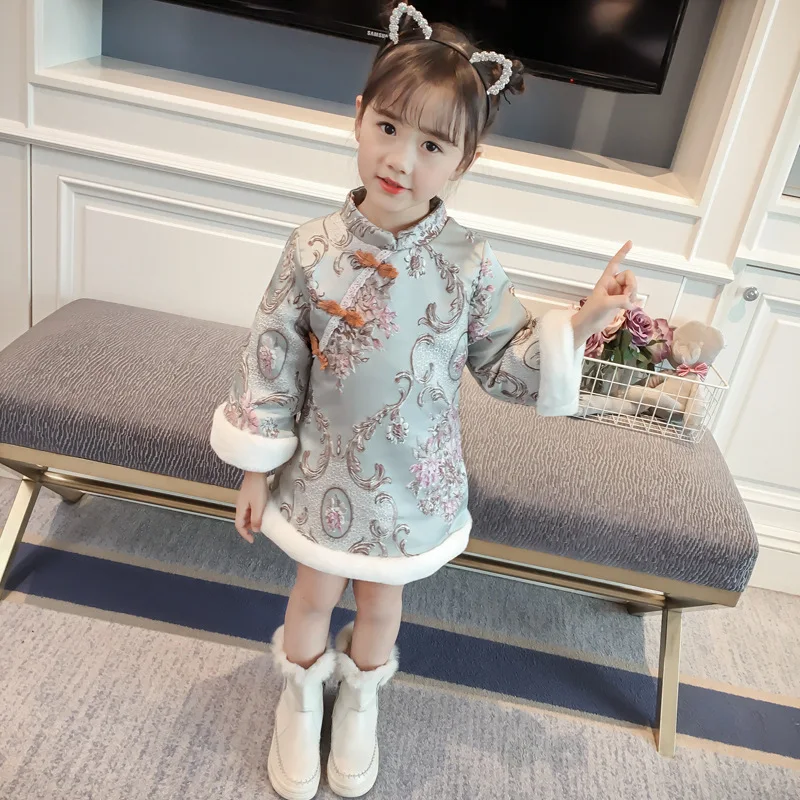 winter thick cheongsam china tang chinese children traditional ancient folk costume age 2-7 yrs little girl long sleeve dress | Детская