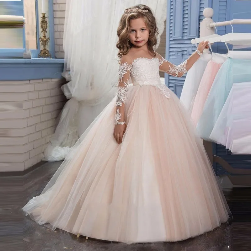 2018 Romantic Champagne Puffy Lace Long Sleeve Flower Girl Dress for Weddings Ball Gown Party Communion Pageant | Свадьбы и