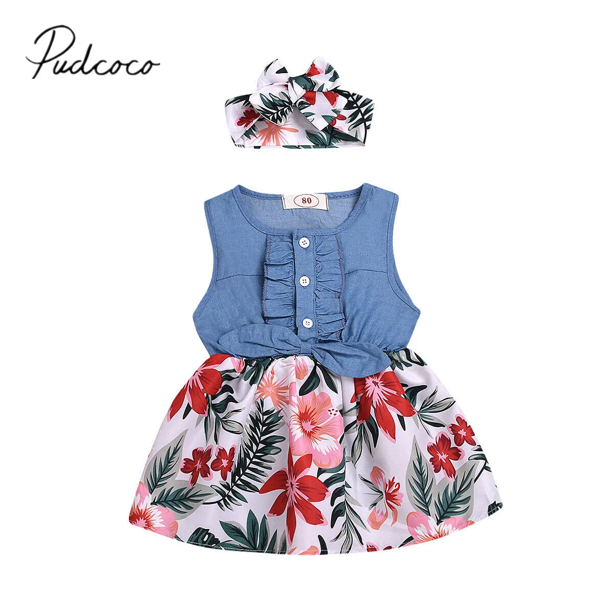 2019 Baby Summer Clothing 1-6Y Infant Kids Girls Sleeveless Floral Dress Headband Toddler Button Denim Patchwork Sundress | Детская