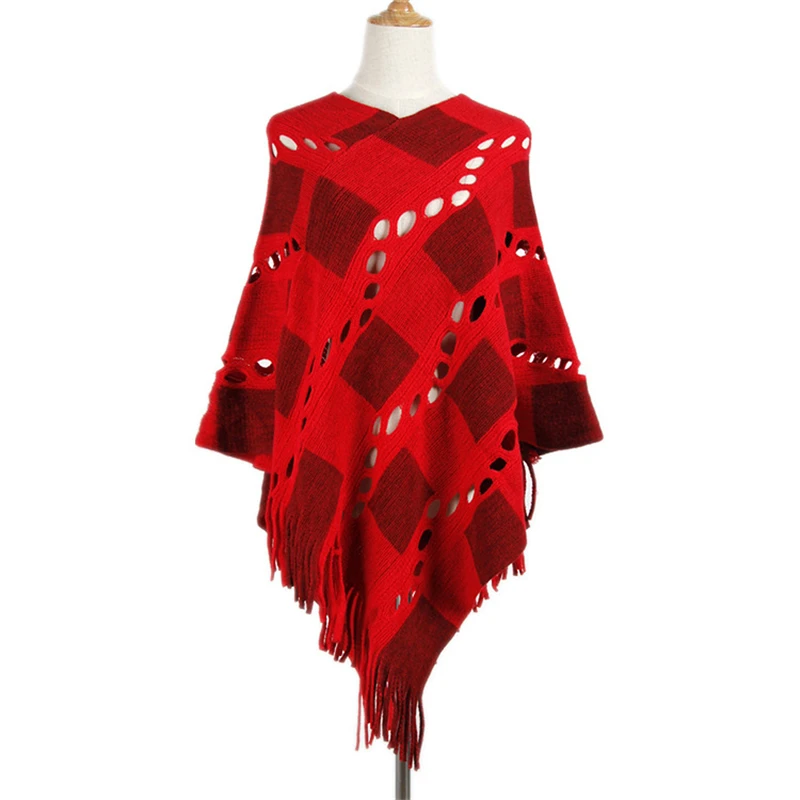 Women Autumn Knitting Poncho Cotton Shrug Pullover Sweater Female 2018 Plaid Hole Tassel Jumper Oversize Sweaters Causal Outwear |