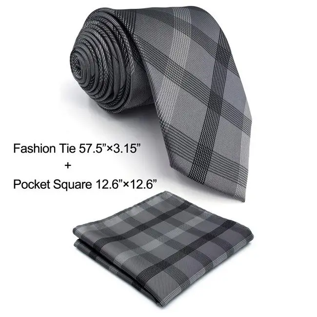Classic Size Tie Set Темно-серый шашки мужской набор галстуков Классический аксессуар свадебный квадратный Карманный Xlong шелк - Цвет: Classic Size Tie Set