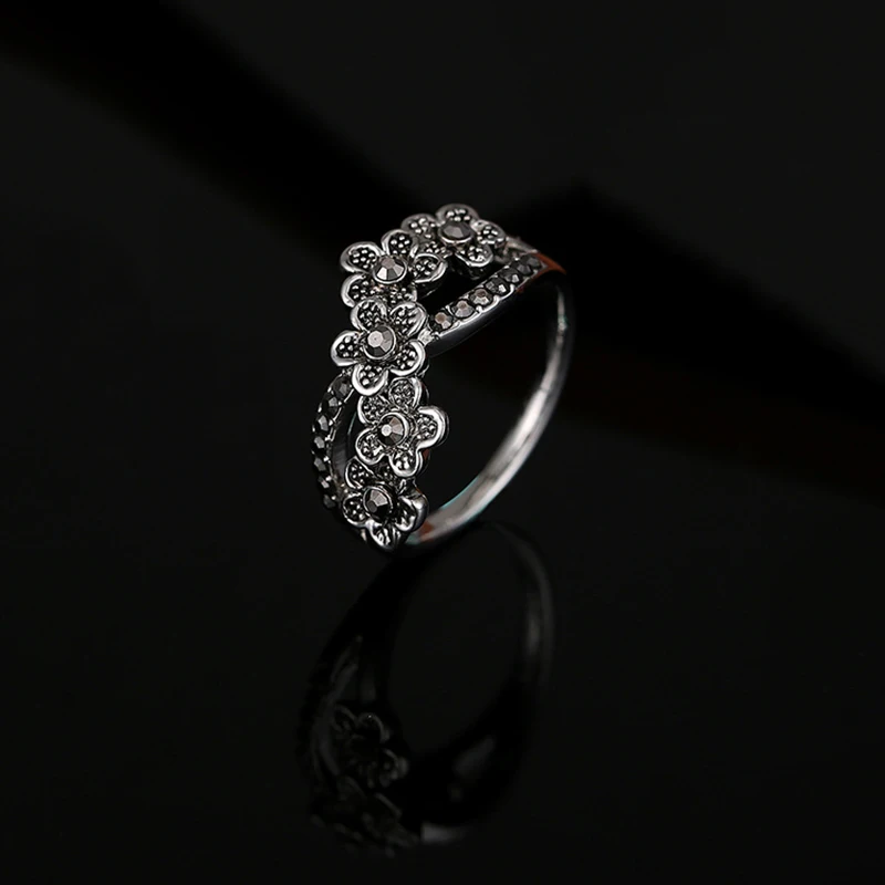 Женское Винтажное кольцо из черного камня с цветами Серебряное сплава цинка для