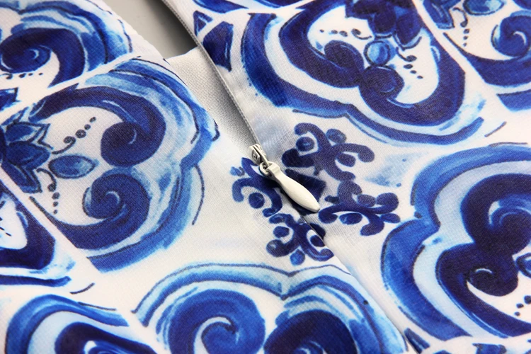 Женское платье с принтом синее и белое длинными рукавами лето-осень 2018 S-4Xl |