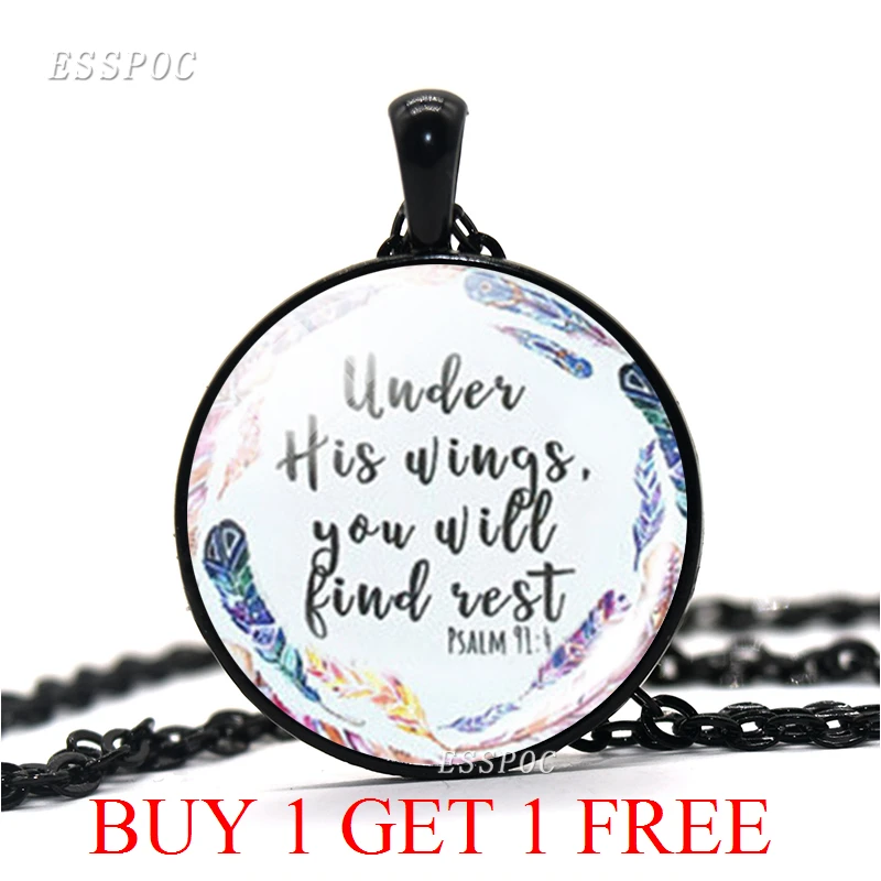 Под его крыльями вы найдете отдых, подвеска со стихом великолепное предложение, стекло, модные украшения, христианский кулон, женские подарки