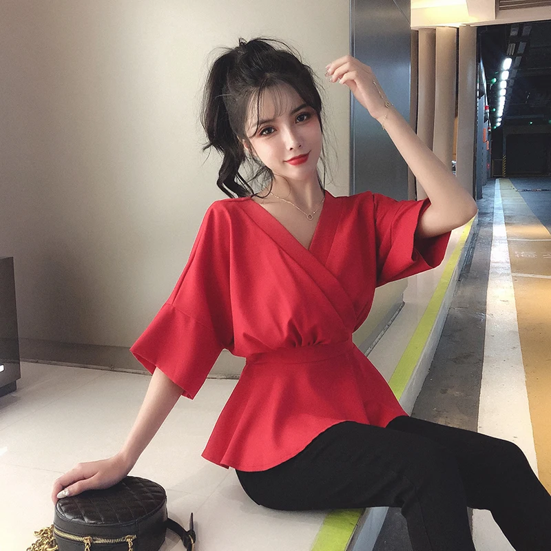 Женская блузка с баской белая шифоновая глубоким v образным вырезом кимоно