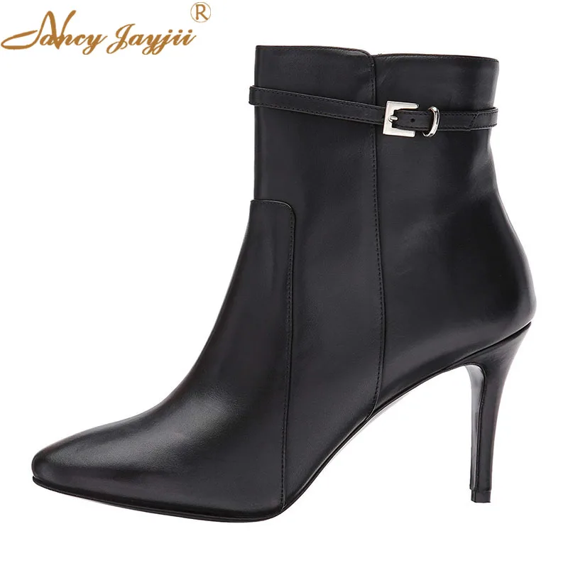 

Nancyjayjii Buckle Strap Zipper Women’S Sexy Ankle Boots Black Almond Toe Super Stiletto Heels Winter Ladies Short Booties Shoes