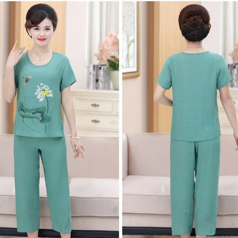 Летние женские хлопковые и льняные костюмы из двух предметов с коротким рукавом