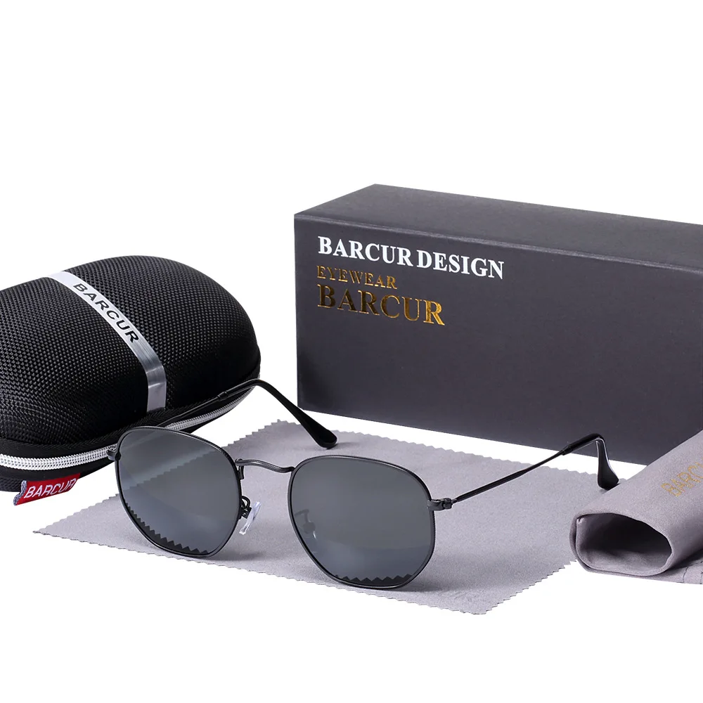 Black Gray BARCUR новые стеклянные линзы, отражающие солнцезащитные очки для женщин, солнцезащитные очки es для мужчин, оправа из нержавеющей стали, очки с зеркальным шестигранником - Цвет линз: Black Gray