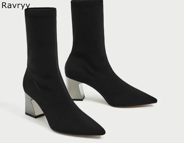 

2018 Spring Newest fashion elastic ankle boots silver square heel woman black short boots pointed toe female shoes concise style