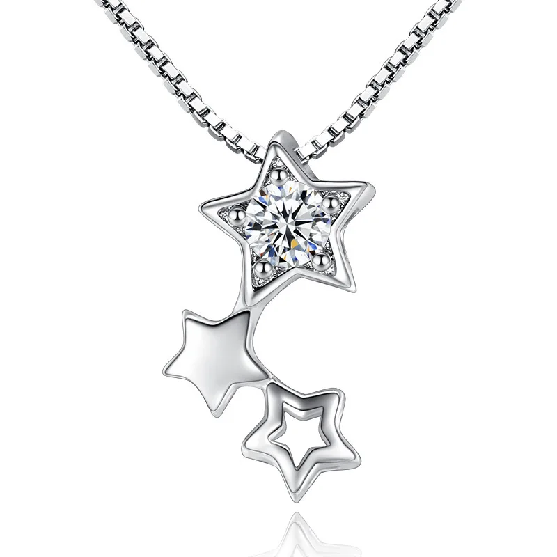 

100% 925 sterling silver fashion shiny crystal three star pendant necklaces women box chain jewelry gift wholesale drop shipping