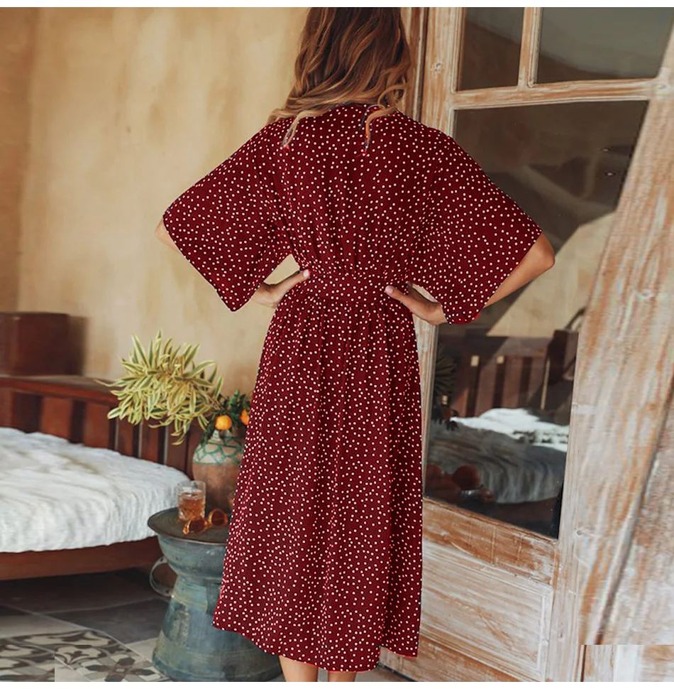 Lossky Dress Женщины Горошек с принтом Bow-kot лето V-образным вырезом с длинным рукавом Платье-миди Повседневная длинное красное платье без рукавов с высокой талией