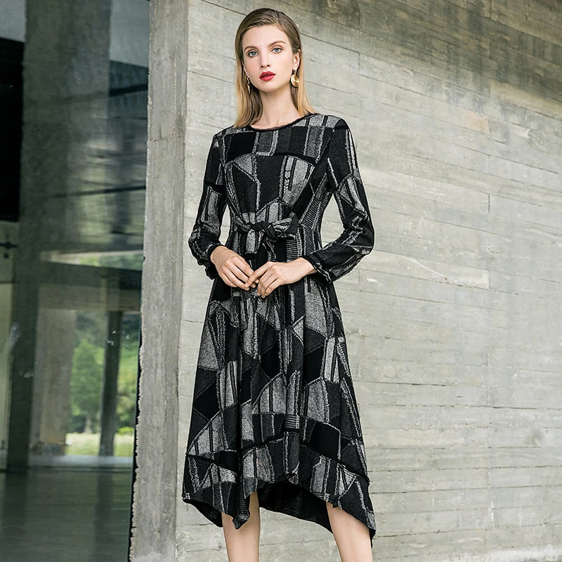 POKWAI Autumn And Winter New Long Sleeve Round Collar Fashion Black White Plaid Irregular Dress Slim a-Line | Женская одежда