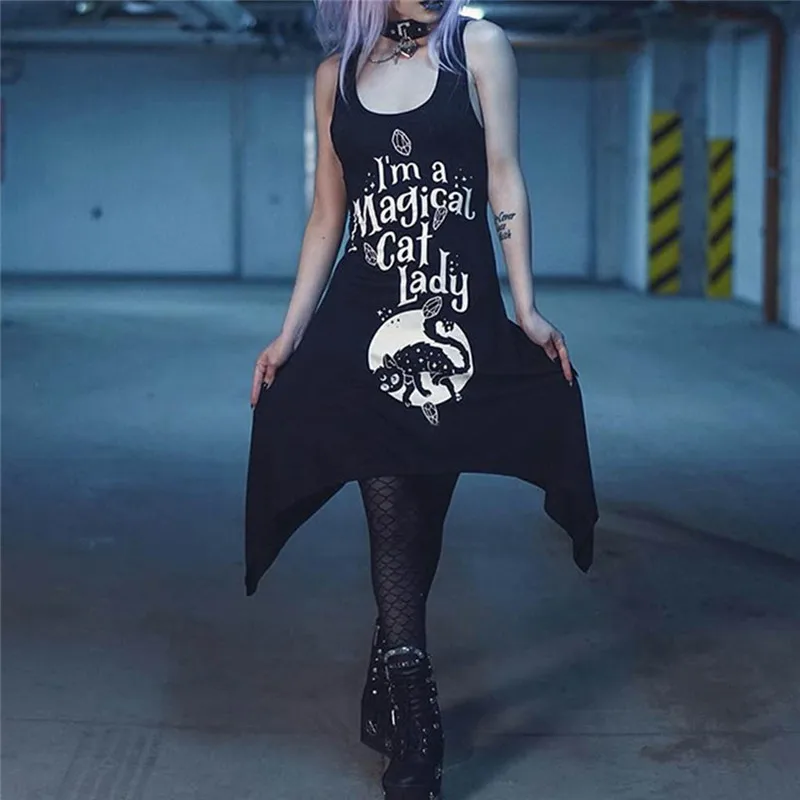 Женское мини платье черное повседневное в стиле панк с забавным принтом