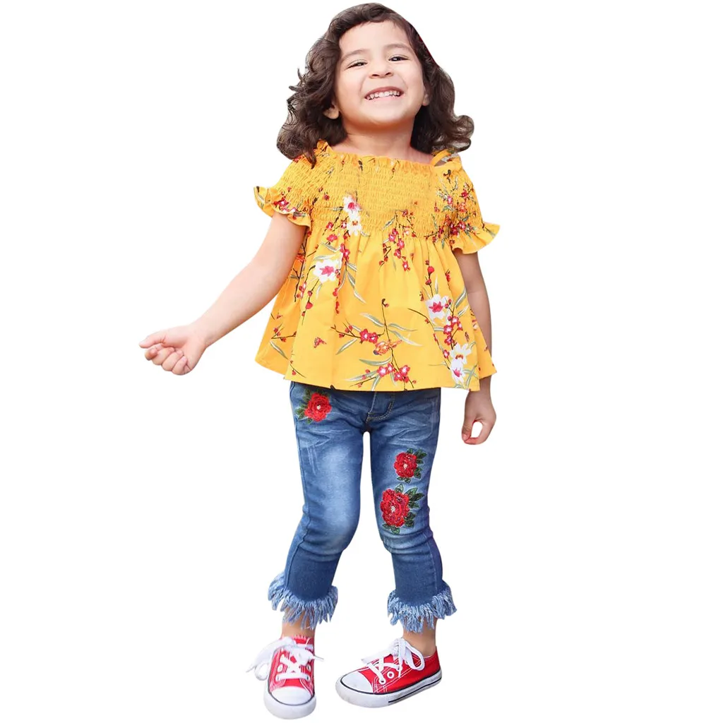 Летняя модная одежда для маленьких девочек футболка с принтом топы открытыми