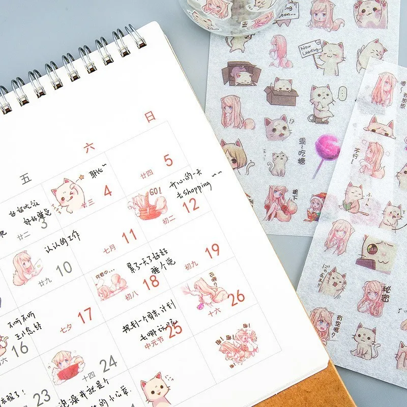 

6PCS Cute New Girl And Cat Series Children Stationery For DIY Albums Scrapbooking Diary Decoration Cartoon Depicting Stickers