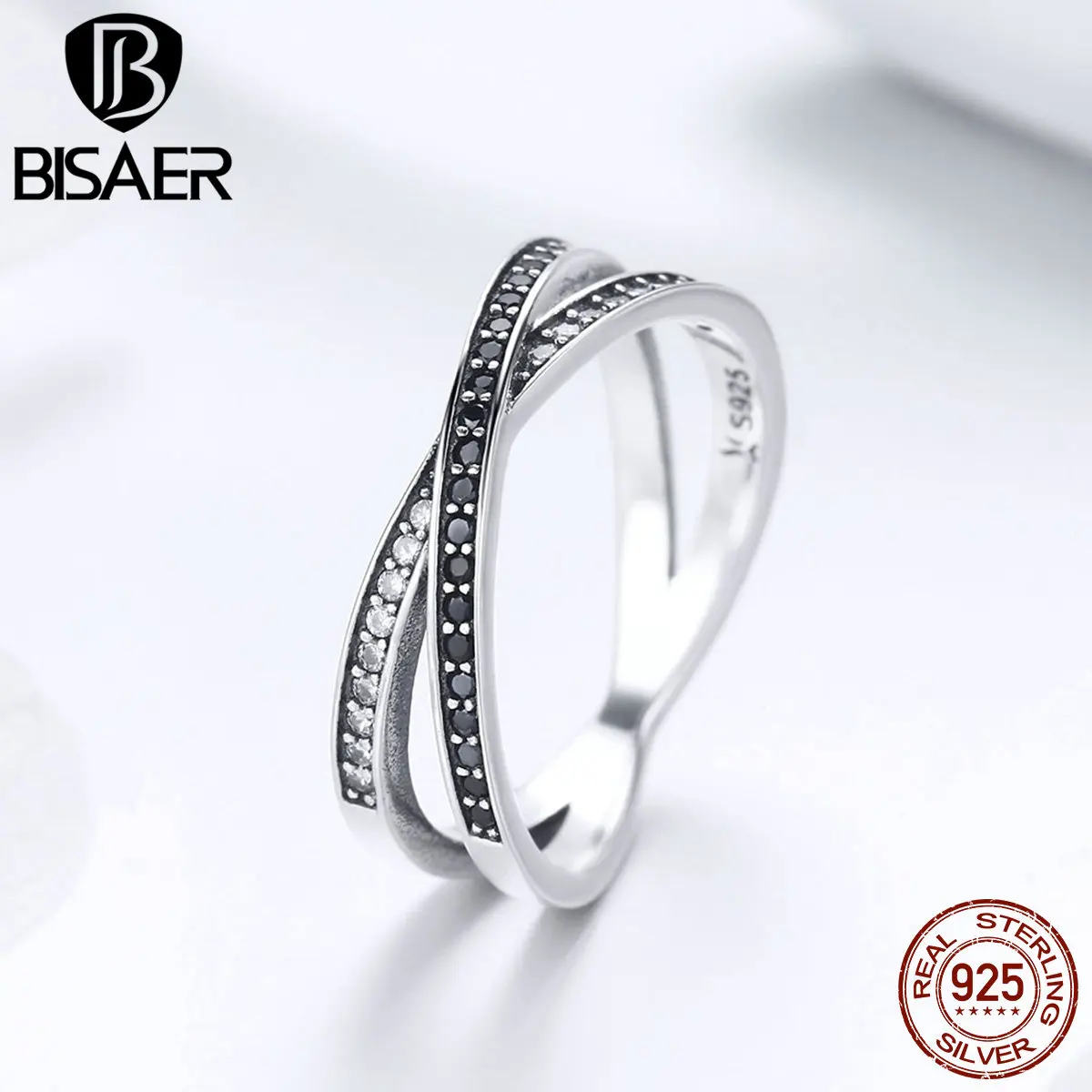 BISAER Anel, 925 пробы, серебряный крест, геометрический, прозрачный, CZ, черный палец, кольца для женщин, подлинное серебро, свадебные ювелирные изделия ECR439