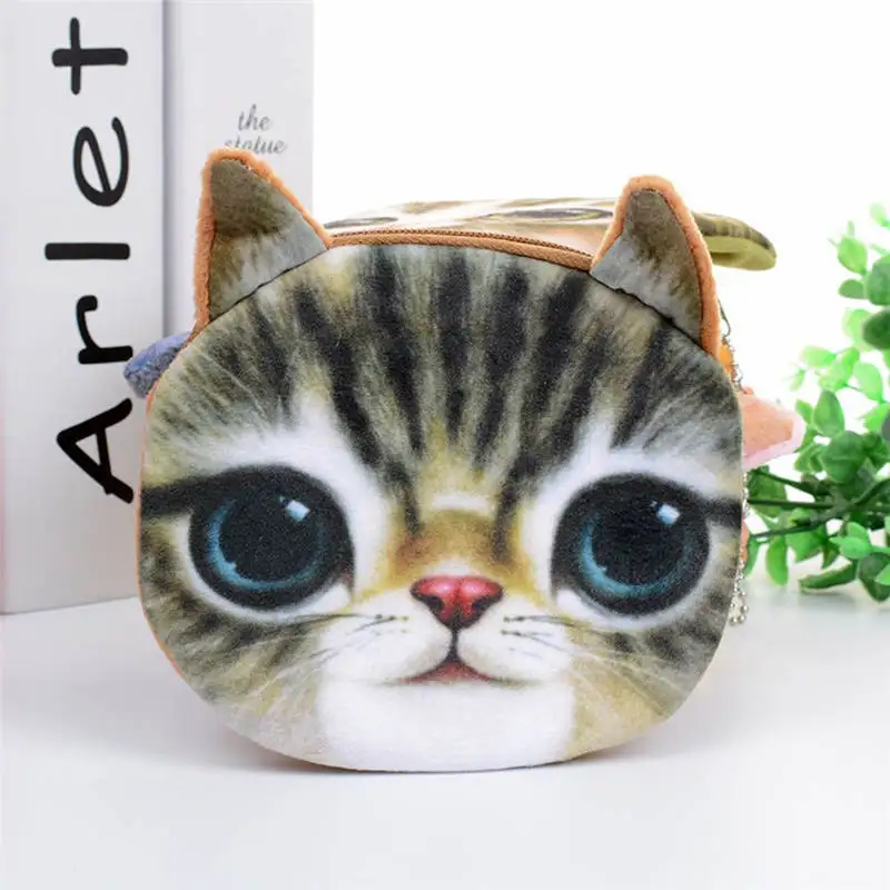 3D милый кошелек для девочек, Сумка с животным лицом на молнии, мини-кошелек для монет с кошкой, плюшевый Кошелек для собак, кошек, детский маленький мешочек для монет