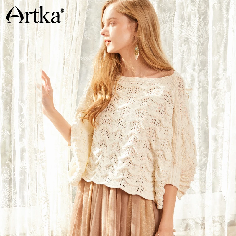 ARTKA Spring&Summer 2018 New Fashion Slash Neck Hollow Lady Pullovers Half Batwing Sleeve Loose Female Knitted Sweater YB10488C | Женская