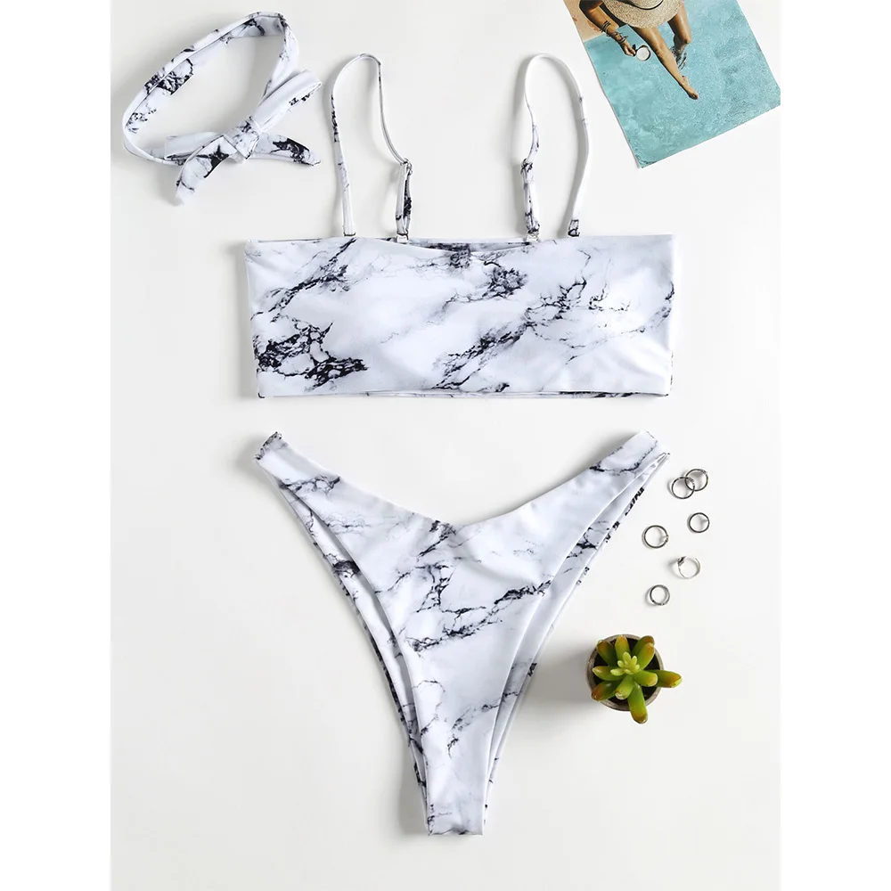 ZAFUL новинка бикини с мраморным принтом чокером высоким вырезом бандо на тонких