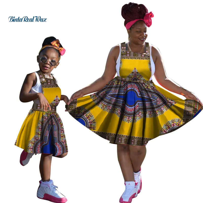 Casual Bazin Riche Mom and Daughter Clothes Strap Dress Dashiki African Print Dresses for Women African Women Clothing WYQ110