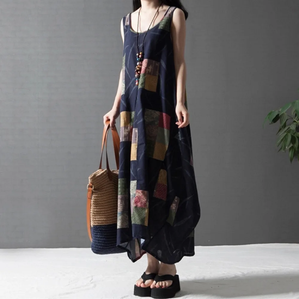 vestidos casual mujer 2019 dresses sukienki damskie dress Women Large Size Printed O-neck Cotton linen Dress Sleeveless | Женская одежда