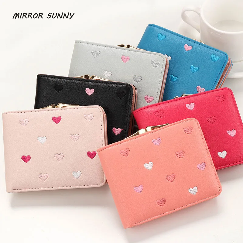 

Зеркальный Солнечный Модный женский короткий кошелек с вышивкой в виде сердца, Женский кошелек из искусственной кожи, женская сумка с зажим...