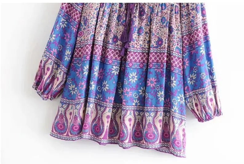 

HCBLESS 2019 Summer new women print tassel lace long sleeve dress fashion holiday short dress