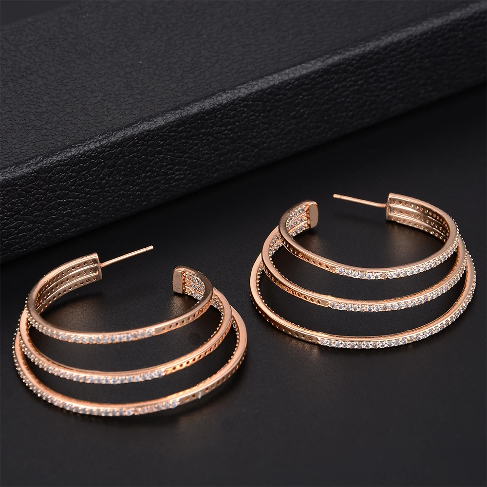 SISCATHY Big 3Rows Circle Full Mirco Paved Microl Cubic Zirconia Earrings For Women Bridal Dress Hoop Fashion Jewelry | Украшения и