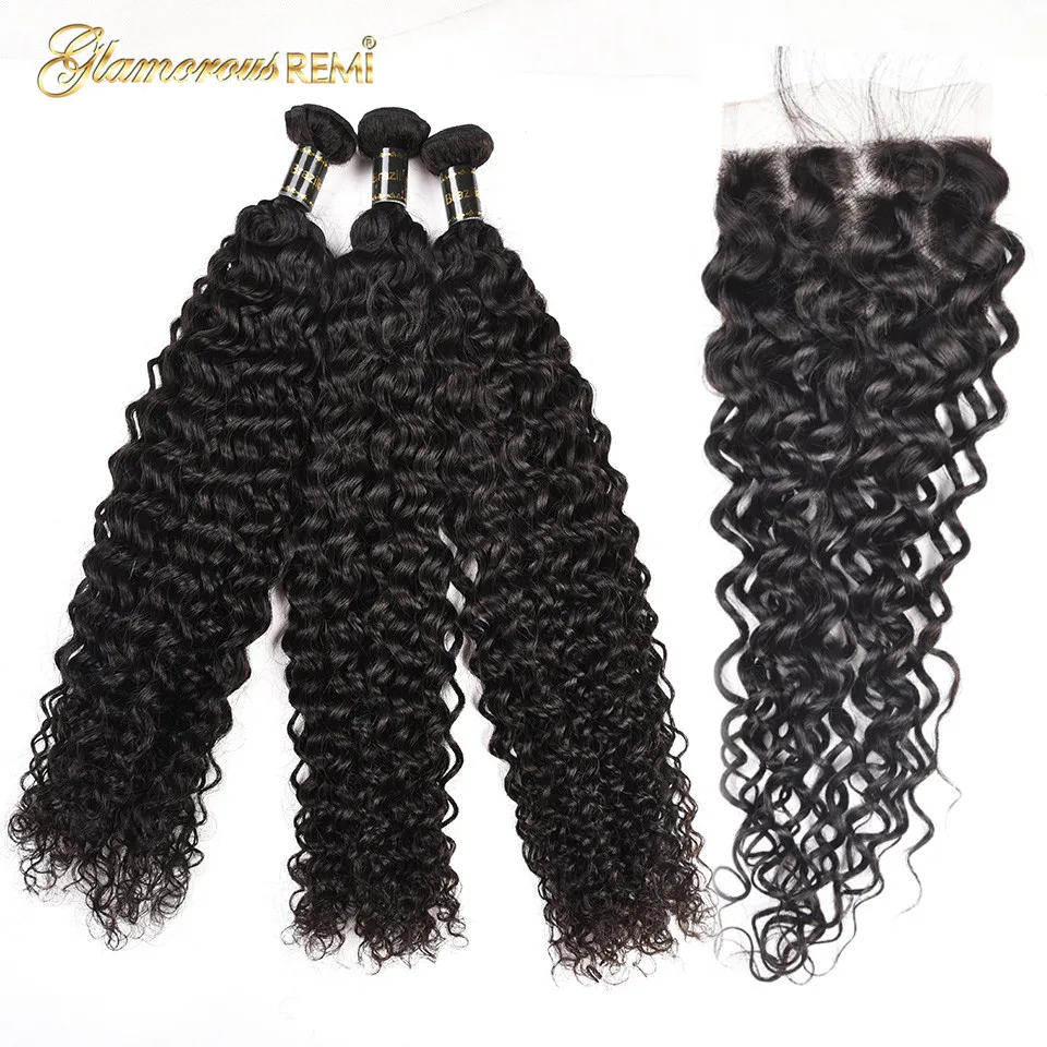 Glamorousremi Бразильский вьющихся волос плетение 3bundles с закрытием кружева 100%