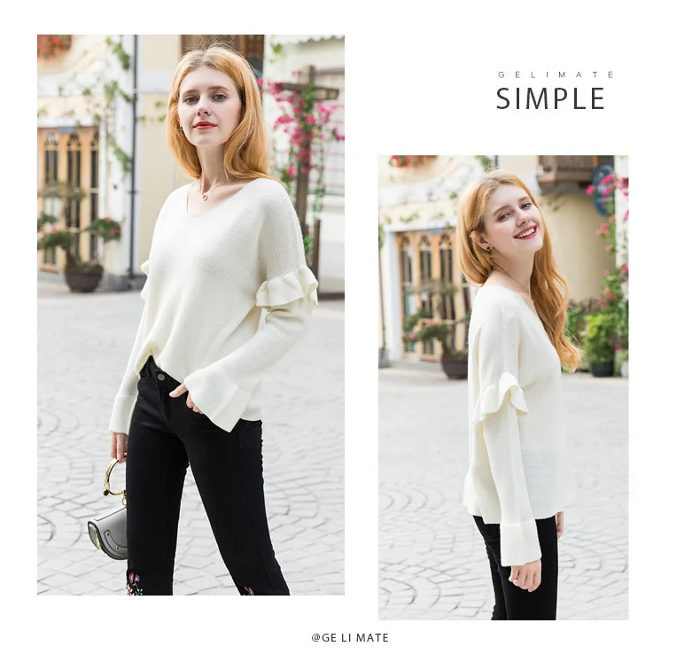 

Autumn outfit horn sleeve V neck straight edge of wood ear temperament commuter sleeveless sweater