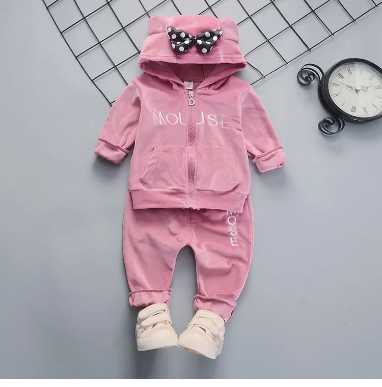LF zimu Pink Осенне-зимние детские комплекты одежды для маленьких девочек Детская Повседневная Вельветовая куртка с капюшоном и бантиком, штаны спортивные костюмы для малышей, одежда - Цвет: LF zimu Pink