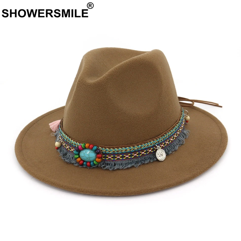 khaki hat SHOWERSMILE, розовая фетровая шляпа для девушек, винтажная фетровая шляпа для женщин, повседневная, этнический стиль, с большими полями, твид, осень, зима, джаз, кепка, красный, черный - Цвет: khaki hat