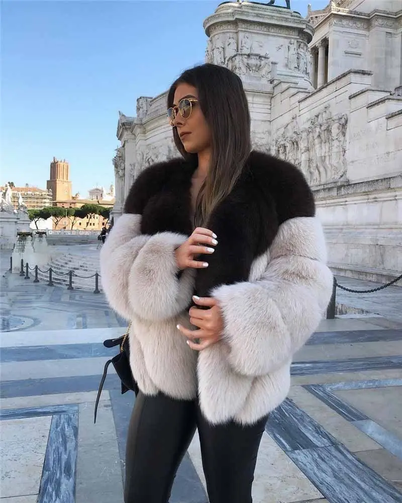 High Fashion Amazing Dark Brown Beige Two Toned Coor patchwork warm Thickening Natural fox fur coats