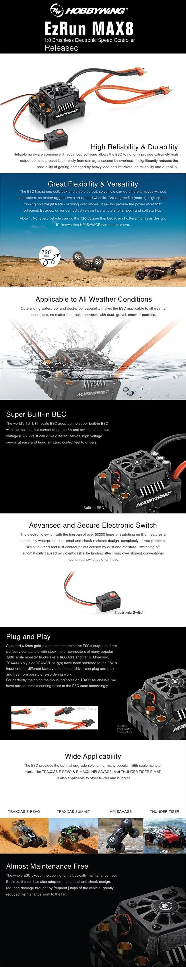 Hobbywing EZRUN Max8 V3 150A водонепроницаемый бесщеточный ESC для RC 1/8 Traxxas E-REVO Traxxas Summit HPI Savage Thunder Tiger(T Plug