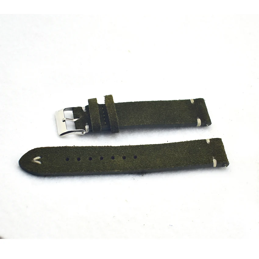 Onthelevel Genuine Leather Watch Band 18 20 22mm Dark Green with white black stitching Suede Leather Watch straps Quick release