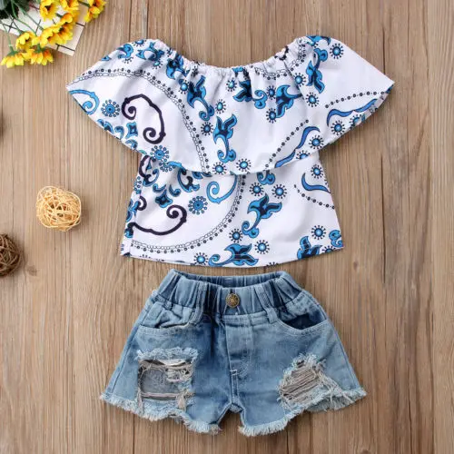 Топ для маленьких девочек футболка рваные джинсы джинсовые шорты комплект