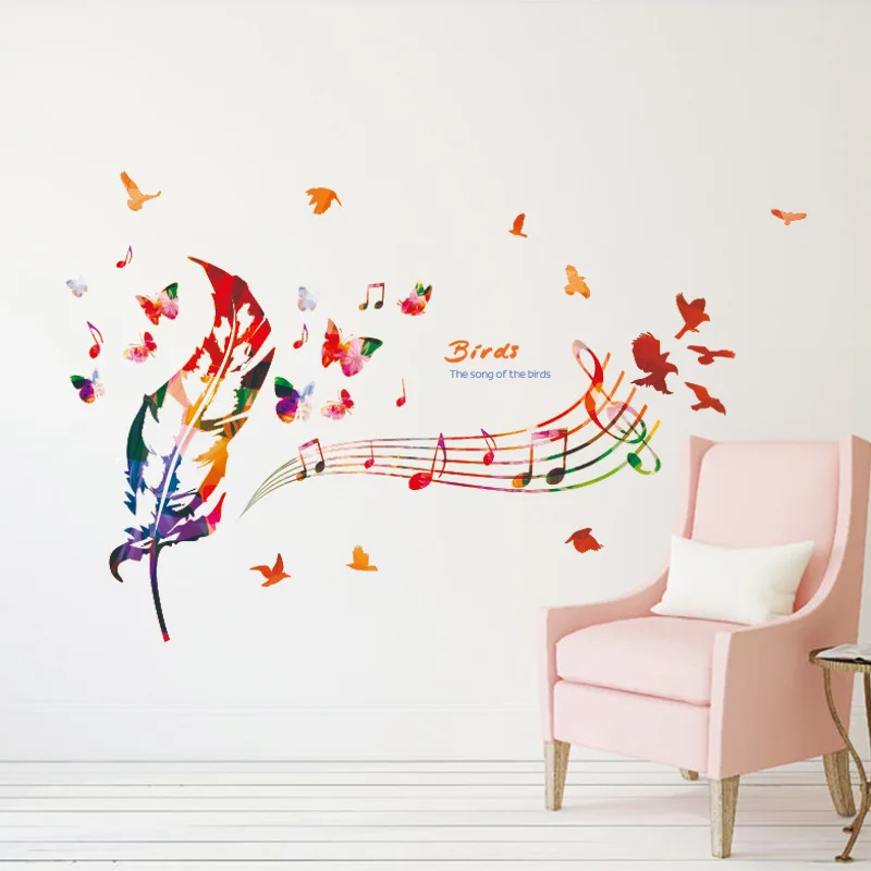 Music Feather Wall Stickers DIY For Kids Rooms Muraux PVC 3D Home Decor Decals | Дом и сад