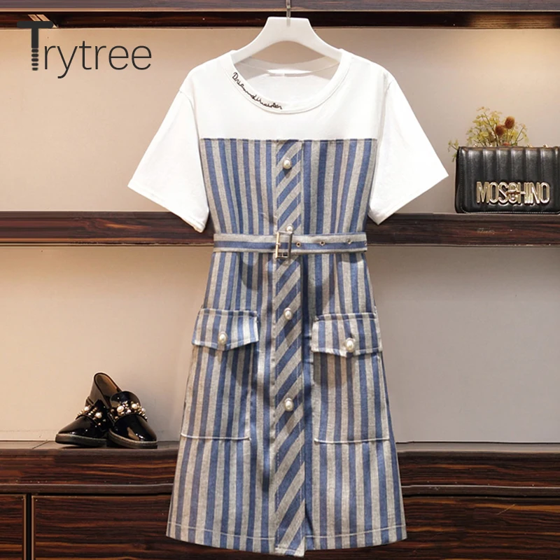 Trytree Summer Dress Women Casual O-Neck A-line Cotton tShirt Patchwork Striped Polyester Belt Pockets Office Lady dress | Женская