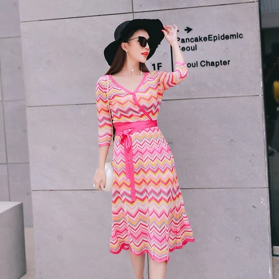 Повседневное цветное женское вязаное платье модное трикотажное высокого