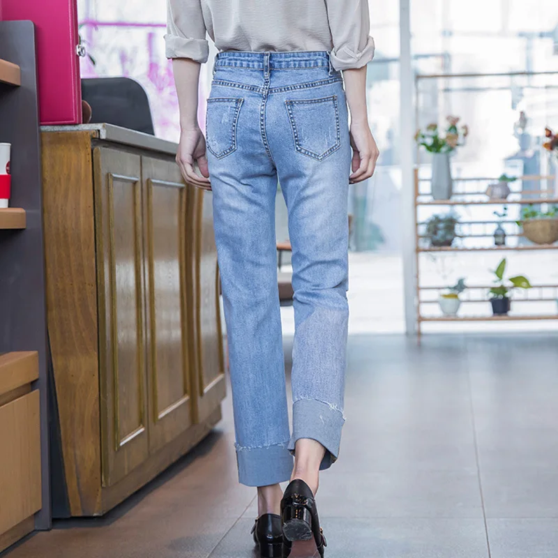 Синие женские джинсы новинка 2019 повседневные свободные брюки в стиле преппи до