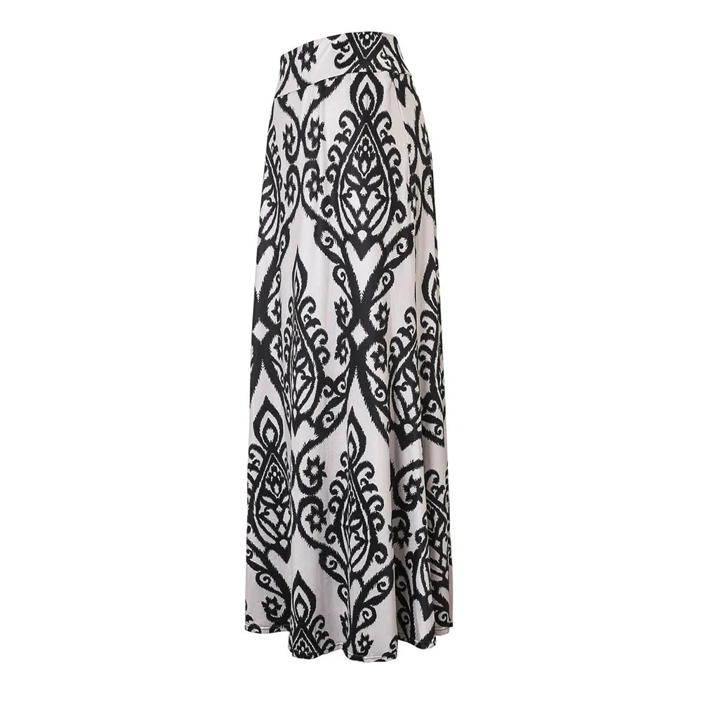 Ladies Printed Empire Floor-Length Skirt Fashion Womens Vintage Casual Coral Print High Waist Skater Skirt Long Maxi Skirt#C