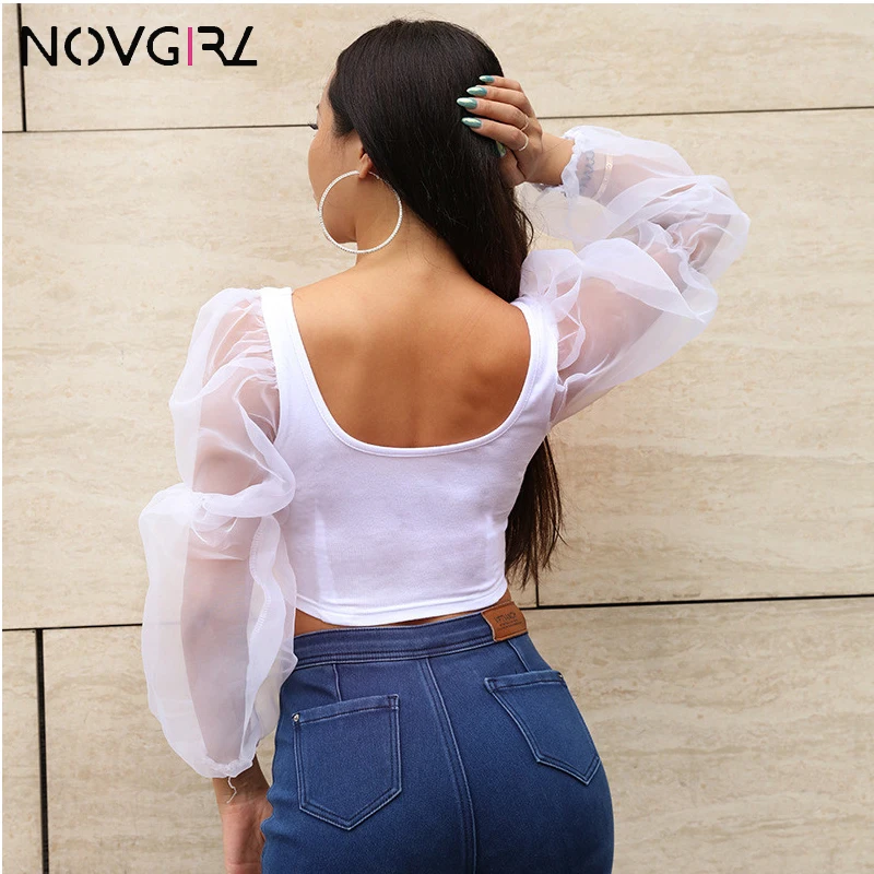 Сексуальная Сетчатая футболка Novgirl с длинным рукавом и открытым верхом модель 2019
