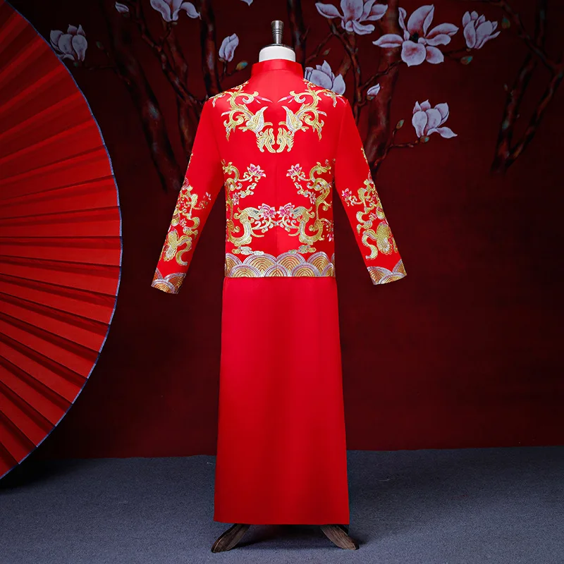 Мужской красный cheongsam тост костюмы жениха платье куртка длинное Традиционный