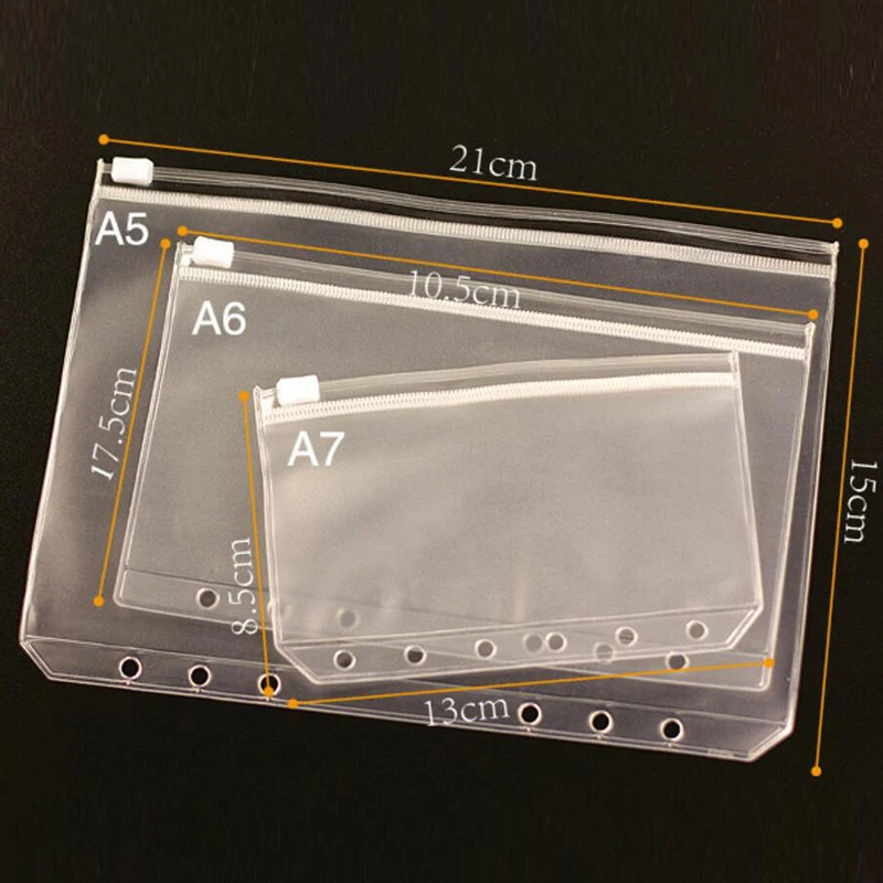 

10 pcs A5/A6/A7 File Holder Standard 6 Holes Transparent PVC Loose-Leaf Pouch With Self-Styled Zipper Filing Product Binder