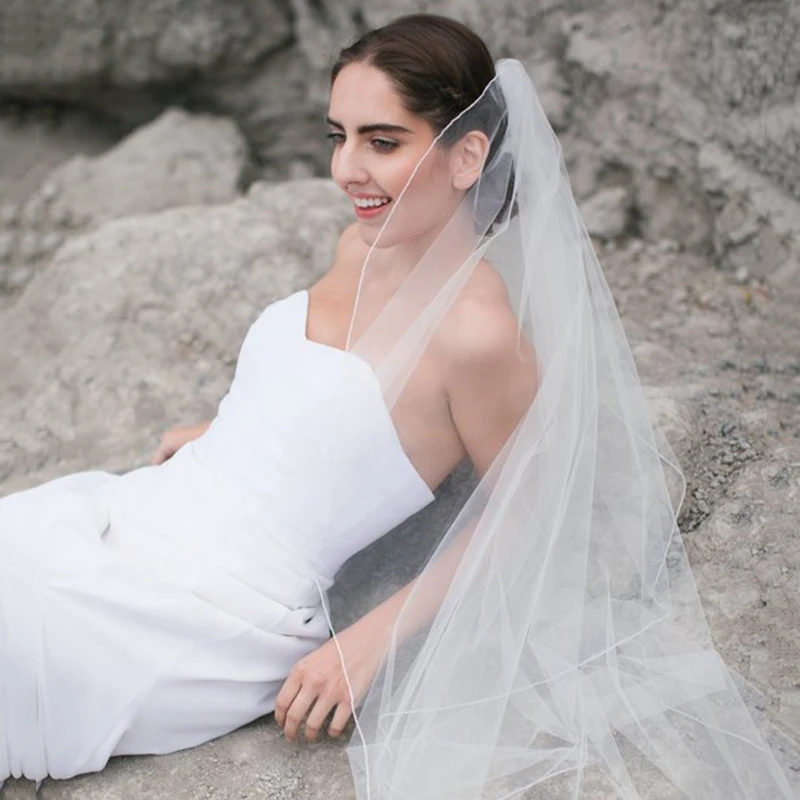 Veu De Noiva Fingertip Chepal Cathedral wedding veil pencil edge bridal veil soft veil in white ,ivory long veil wedding fingertip veil with small flowers